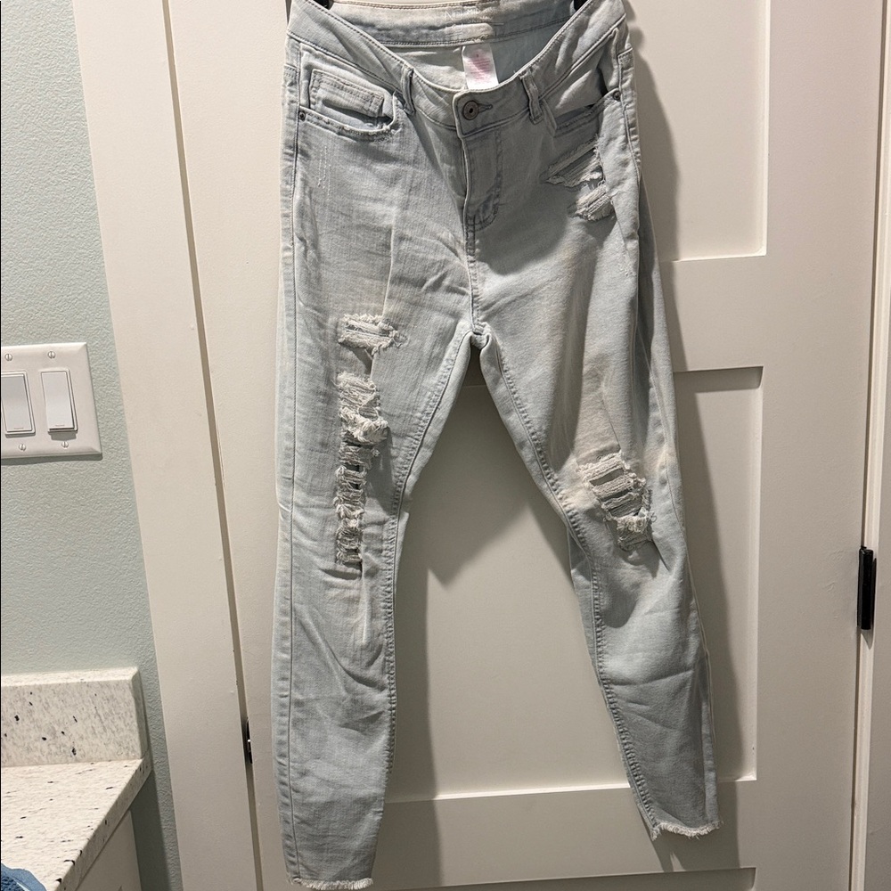 Light Gray White Washed Blue Jean Distressed Skinny Jeans 9